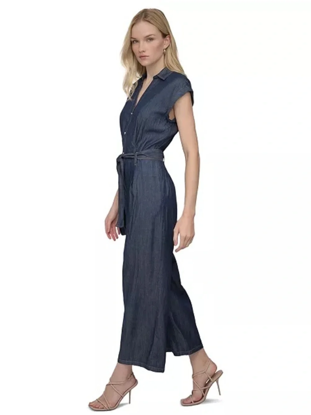 NWT DKNY Dark Wash Denim Belted Jumpsuit Size 4